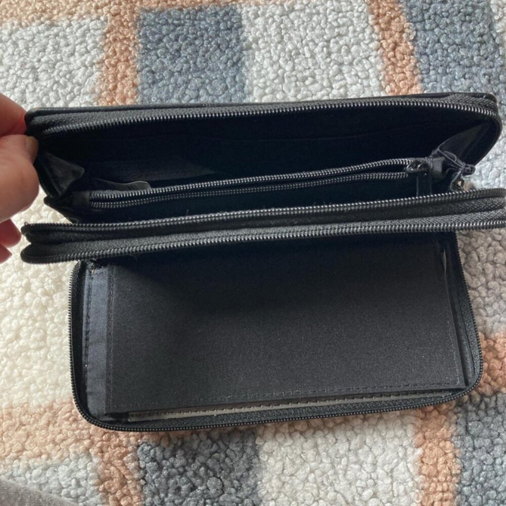 Black faux leather with light brown stitching wallet with loads of storage GUC - Picture 4 of 7